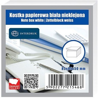 KOSTKA PAPIEROWA 85 X 85 X 50 MM NIEKLEJONA BIAŁA Interdruk