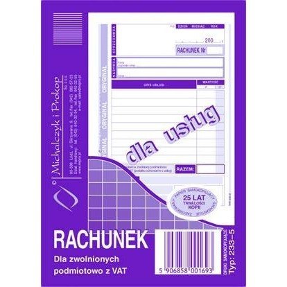 RACHUNEK DLA ZWOLNIONYCH Z VAT DLA USŁUG (PION). (O+1K) MICHALCZYK I PROKOP A6 Michalczyk i Prokop