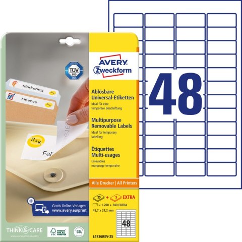 ETYKIETY UNIWERSALNE AVERY ZWECKFORM USUWALNE 45.7 X 21.2 MM 48 ETYKIET/A4 Avery Zweckform