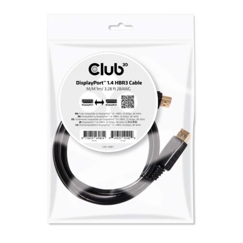 CLUB3D DisplayPort 1.4 HBR3 Cable 1m/3.28ft Male/Male 8K60Hz CLUB3D