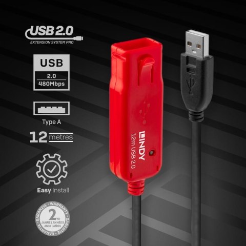 Lindy 42782 kabel USB 12 m USB 2.0 USB A Czarny Lindy