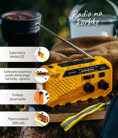 Adler AD 1197 Radio przenośne solarne turystyczne na korbkę biwakowe 3 sposoby ładowania latarka sygnał SOS 1200mAh