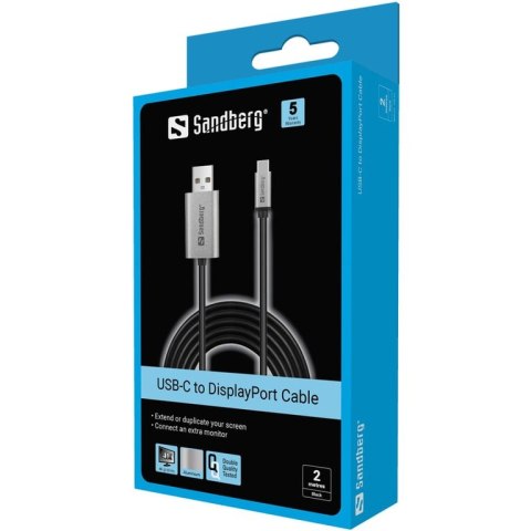 Sandberg 136-51 adapter kablowy 2 m USB Type-C DisplayPort Czarny, Szary Sandberg