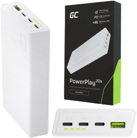 POWERBANK Green Cell PowerPlay20S 20000mAh PD 22,5W QC 3.0 3x USB-C BIAŁY GREEN CELL