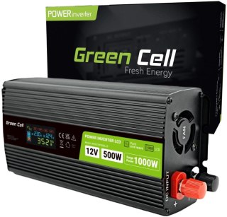 PRZETWORNICA NAPIĘCIA Green Cell PowerInverter LCD 12V -> 230V 500W/1000W CZYSTA SINUSOIDA GREEN CELL