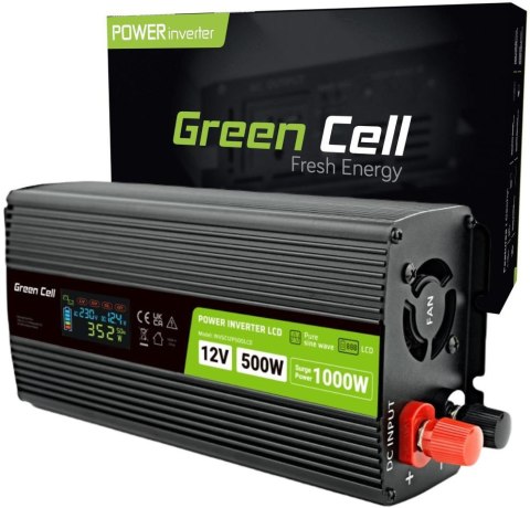 PRZETWORNICA NAPIĘCIA Green Cell PowerInverter LCD 12V / 230V 500W/1000W CZYSTA SINUSOIDA GREEN CELL