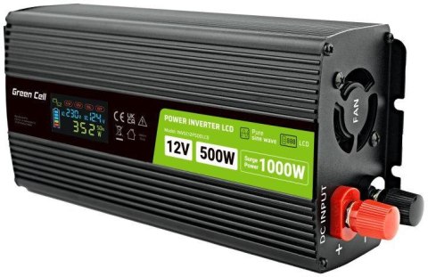 PRZETWORNICA NAPIĘCIA Green Cell PowerInverter LCD 12V / 230V 500W/1000W CZYSTA SINUSOIDA GREEN CELL