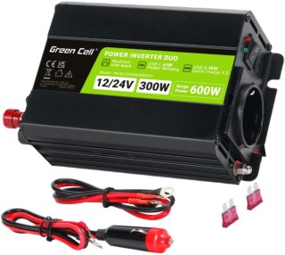 PRZETWORNICA NAPIĘCIA INVERTER Green Cell DUO 12/24V - 230V 300W/600W MODYFIKOWANA SINUSOIDA GREEN CELL