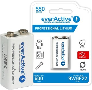 Akumulatorek 6F22 Li-Ion everActive 9V 550mAh z gniazdem USB-C EVERACTIVE