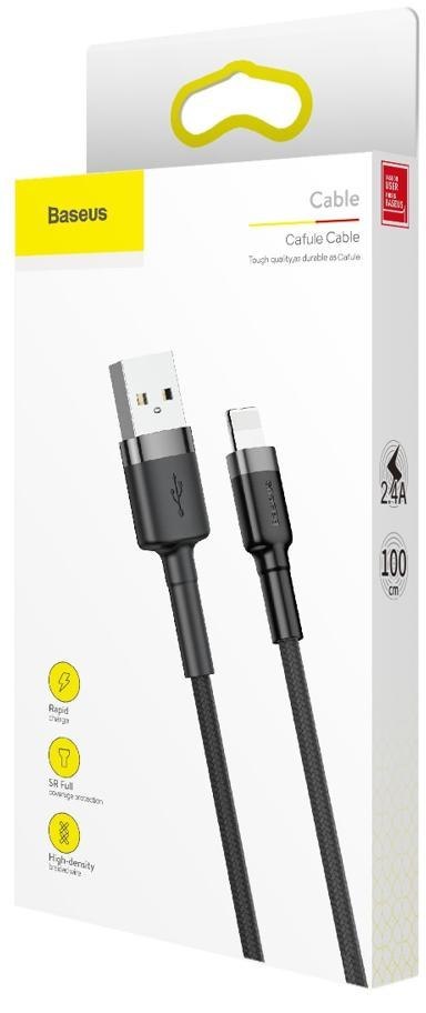 KABEL USB-A -> Lightning / iPhone Baseus Cafule CALKLF-BG1 100cm Apple 2.4A CZARNO-SZARY W OPLOCIE BASEUS