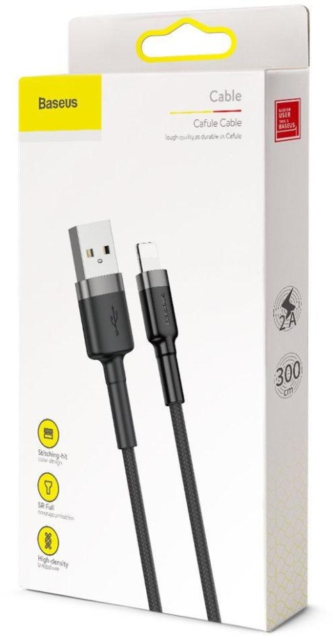 KABEL USB-A / Lightning iPhone Baseus Cafule CALKLF-RG1 300cm Apple 2A CZARNO-SZARY W OPLOCIE BASEUS