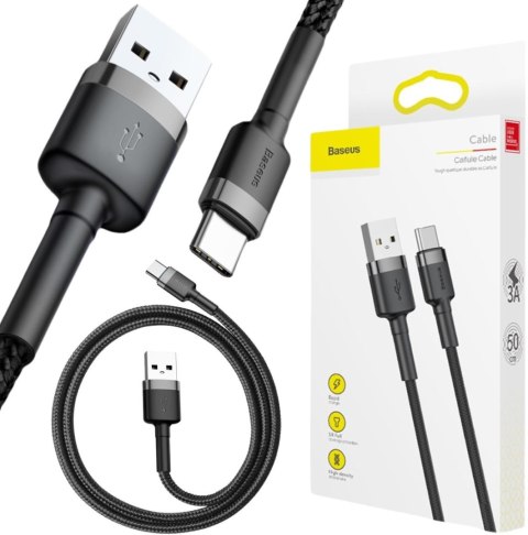 KABEL USB-A -> USB-C Baseus Cafule CATKLF-AG1 50cm 3A QC 3.0 CZARNO-SZARY W NYLONOWYM OPLOCIE BASEUS