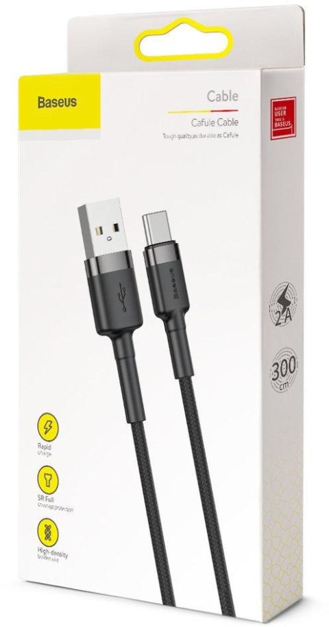 KABEL USB-A / USB-C Baseus Cafule CATKLF-UG1 300cm 3A QC 3.0 CZARNO-SZARY W NYLONOWYM OPLOCIE BASEUS