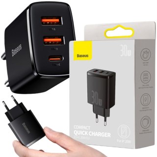 ŁADOWARKA SIECIOWA Baseus Compact Quick Charger CCXJ-E01 30W 2x USB-A 1x USB-C PD 3.0 QC 3.0 CZARNA BASEUS