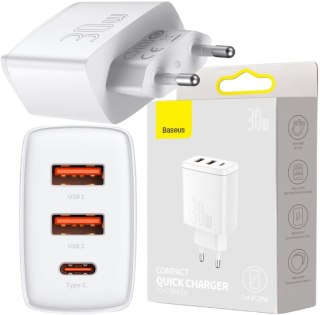 ŁADOWARKA SIECIOWA Baseus Compact Quick Charger CCXJ-E02 30W 2x USB-A 1x USB-C PD 3.0 QC 3.0 BIAŁA BASEUS