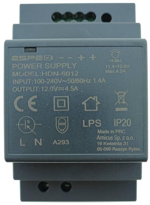 ZASILACZ IMPULSOWY NA SZYNĘ DIN ESPE HDN-6012 12V/54W/4.5A ESPE