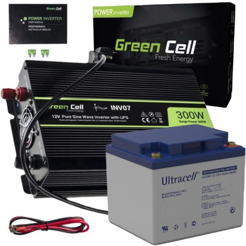 ZESTAW PRZETWORNICA Green Cell 12V->230V 300W/600W CZYSTY SINUS + AKUMULATOR AGM 12V 45Ah GREEN CELL