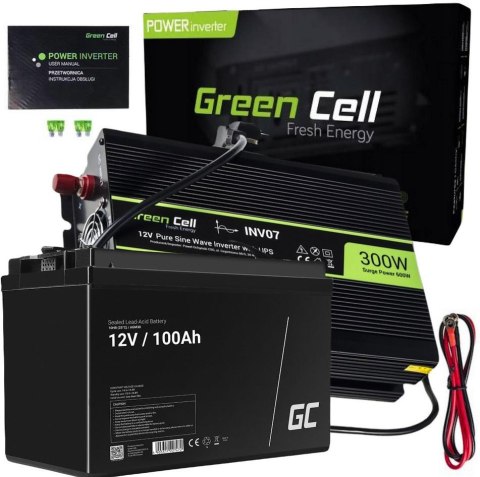 ZESTAW PRZETWORNICA Green Cell 12V->230V 300W/600W CZYSTY SINUS + AKUMULATOR AGM GreenCell 12V 100Ah GREEN CELL