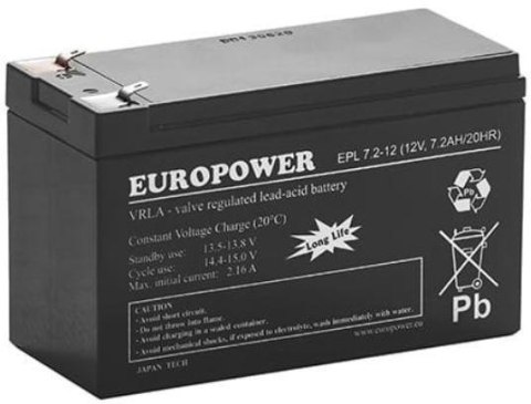 Akumulator AGM EUROPOWER serii EPL 12V 7,2Ah T1 EUROPOWER