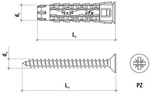 Kołek uniwersalny 8x40/50, wkręt z łbem stożkowym, karton (SFXP-08040050 x 100szt.) WKRĘT-MET