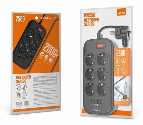 Listwa zasilająca LDNIO SE6403 6 Gniazd + 4x USB Przedłużacz LDNIO