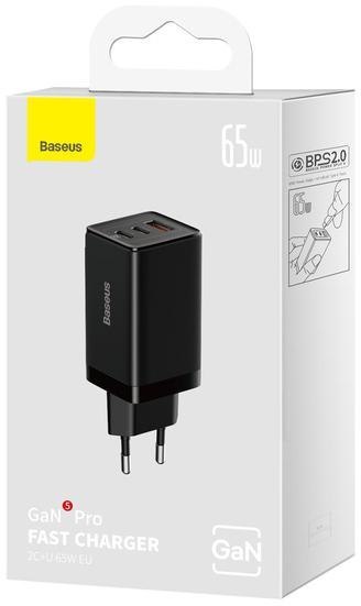 Ładowarka sieciowa Baseus GaN 5 Pro Fast Charger CCGP120201 65W 1x USB-A 2x USB-C PD 3.0 QC 4.0 + kabel USB-C BASEUS