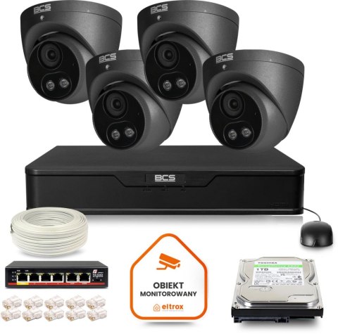 Zestaw monitoringu IP BCS Point 4x Kamera BCS-P-EIP25FSR3L2-AI2-G Rejestrator z dyskiem 1TB BCS POINT