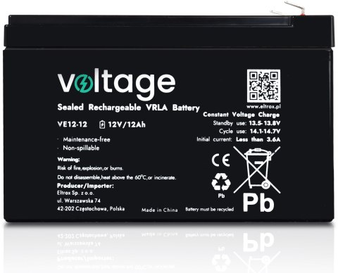Akumulator AGM Voltage 12V 12Ah VE12-12 (Żywotność 6-9 lat) VOLTAGE