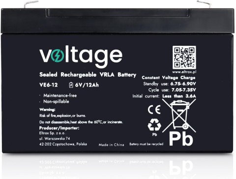 Akumulator AGM Voltage 6V 12Ah VE6-12 VOLTAGE