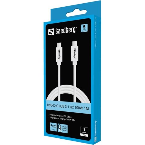 Sandberg USB-C>C USB 3.1 G2 100W, 1M kabel USB USB 3.2 Gen 2 (3.1 Gen 2) USB C Biały Sandberg