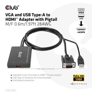 CLUB3D CAC-1720 adapter kablowy 0,6 m HDMI Typu A (Standard) VGA (D-Sub) + USB Czarny CLUB3D