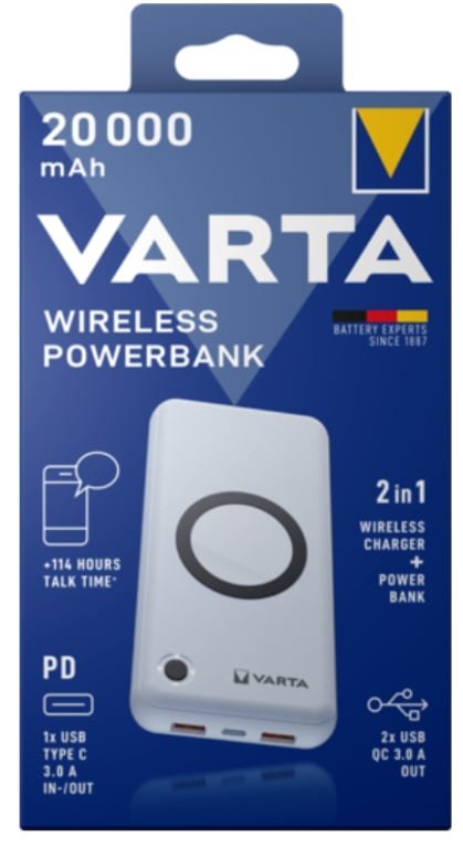 Varta 57909 101 111 bank mocy Litowo-polimerowy (LiPo) 20000 mAh Bezprzewodowe ładowanie Biały Varta