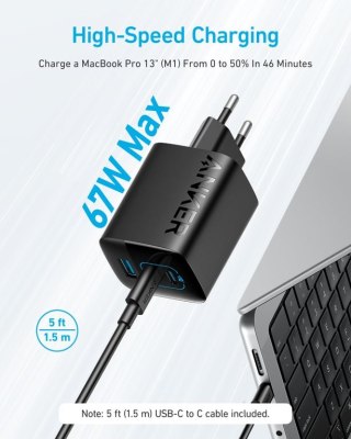 Anker 336 Charger (67W) Komputer przenośny, Telefon komórkowy, Laptop, Power bank, Smartfon, Smartwatch, Tablet, Oglądaj, Elektr Anker