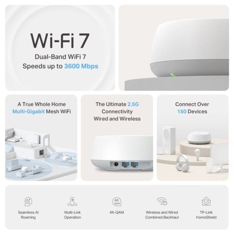 TP-Link DECO BE25(1-PACK) siatkowy system wi-fi Dual-band (2.4 GHz/5 GHz) Wi-Fi 7 (802.11be) Biały 2 Wewnętrzne TP-Link