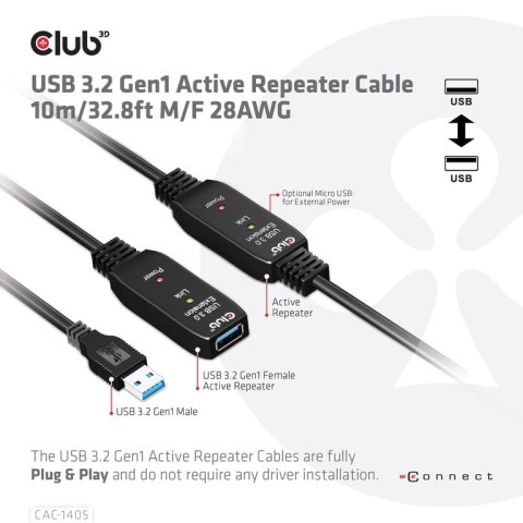 CLUB3D CAC-1405 kabel USB 10 m USB 3.2 Gen 2 (3.1 Gen 2) USB A Czarny CLUB3D