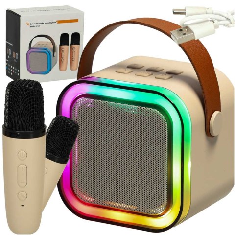 Zestaw do karaoke 2 mikrofony + głośnik przenośny BLUETOOTH USB LED beżowy