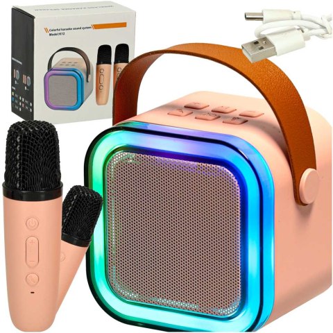 Zestaw do karaoke 2 mikrofony + głośnik przenośny BLUETOOTH USB LED różowy