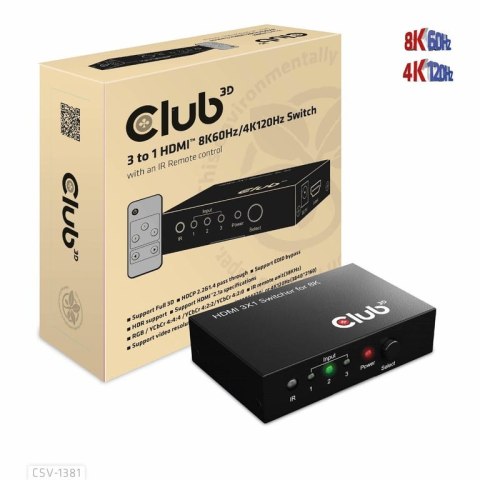 CLUB3D 3 to 1 HDMI 8K60Hz Switch przełącznik KVM Czarny CLUB3D