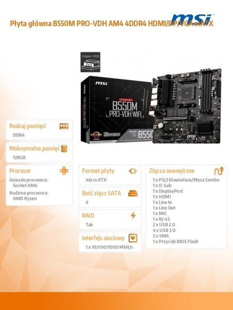 MSI Płyta główna B550M PRO-VDH AM4 4DDR4 HDMI/DP/VGA mATX