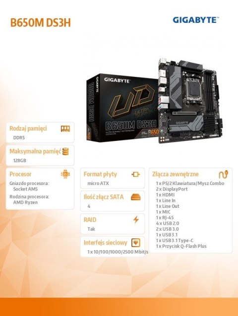 Gigabyte Płyta główna B650M DS3H AM5 4DDR5 HDMI/DP M2 m.ATX