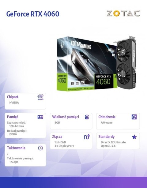 ZOTAC Karta graficzna GeForce RTX 4060 Twin Edge OC 8GB GDDR6 128bit 3DP