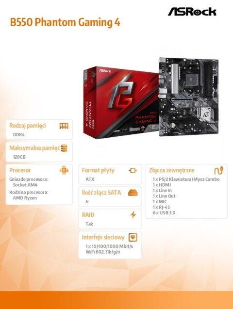 ASRock Płyta główna B550 Phantom Gaming 4 AM4 4DDR4 HDMI M.2 ATX