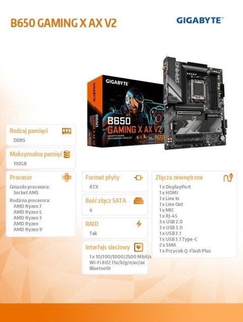 Gigabyte Płyta główna B650 GAMING X AX V2 AM5 4DDR5 HDMI/DP M.2 ATX