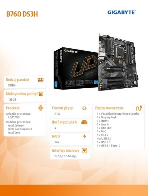 Gigabyte Płyta główna B760 DS3H s1700 4DDR5 DP/HDMI ATX