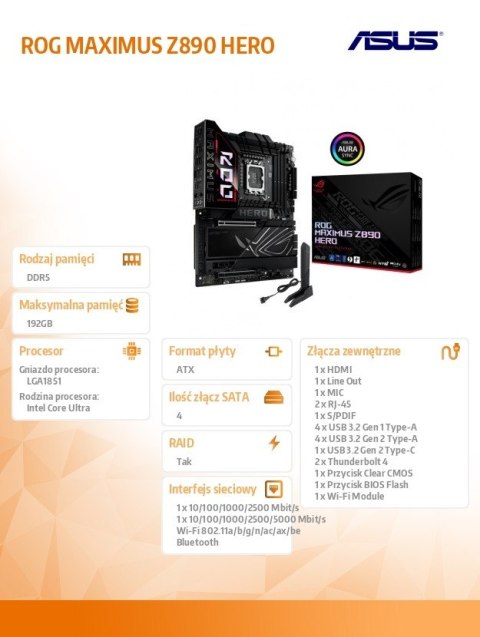 Asus Płyta główna ROG MAXIMUS Z890 HERO s1851 4DDR5 TB4 ATX/90MB1ID0-M0EAY0