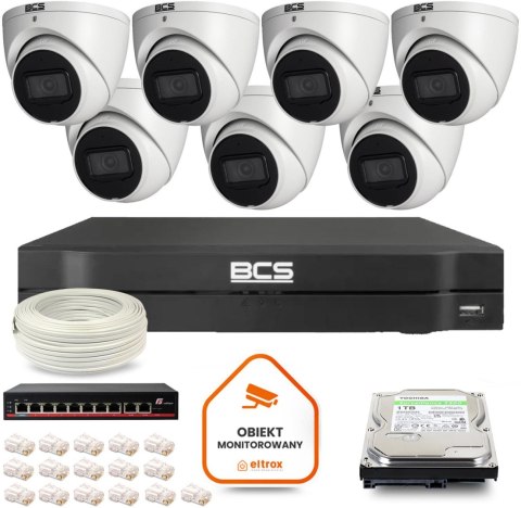 Zestaw monitoringu IP BCS Line 7x Kamera BCS-L-EIP14FSR3-AI1 Rejestrator z dyskiem 1TB BCS