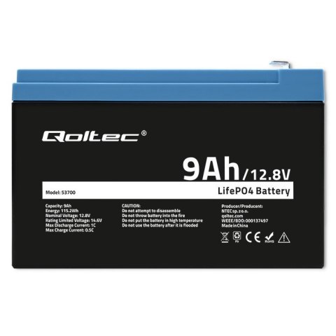 Qoltec Akumulator LiFePO4 Litowo-Żelazowo-Fforanowy | 12.8V | 9Ah | 115.2Wh | BMS