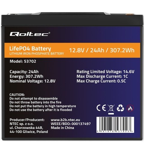 Qoltec Akumulator LiFePO4 Litowo-Żelazowo-Fosforanowy | 12.8V | 24Ah | 307.2Wh | BMS