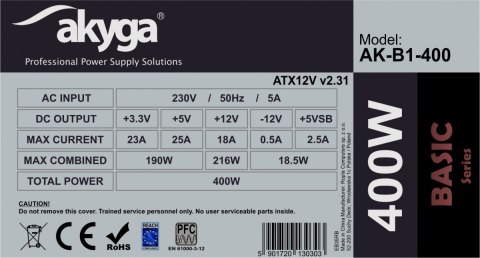 AKYGA Zasilacz ATX 400W AK-B1-400 P4 3x SATA 2x Molex PPFC FAN 12CM