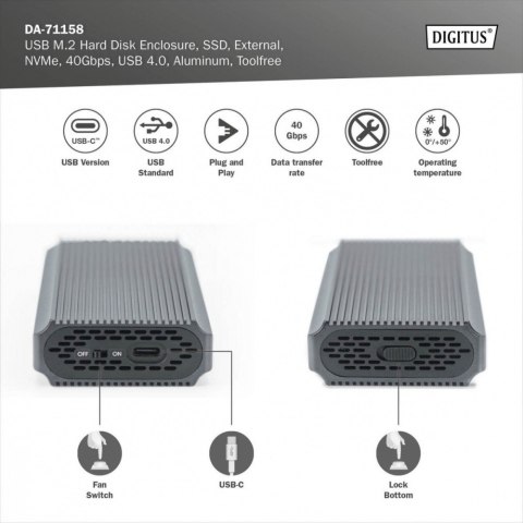 Digitus Obudowa USB 4.0 Typ C na dysk SSD M.2 NVMe 40 Gbps aluminiowa, beznarzędziowa